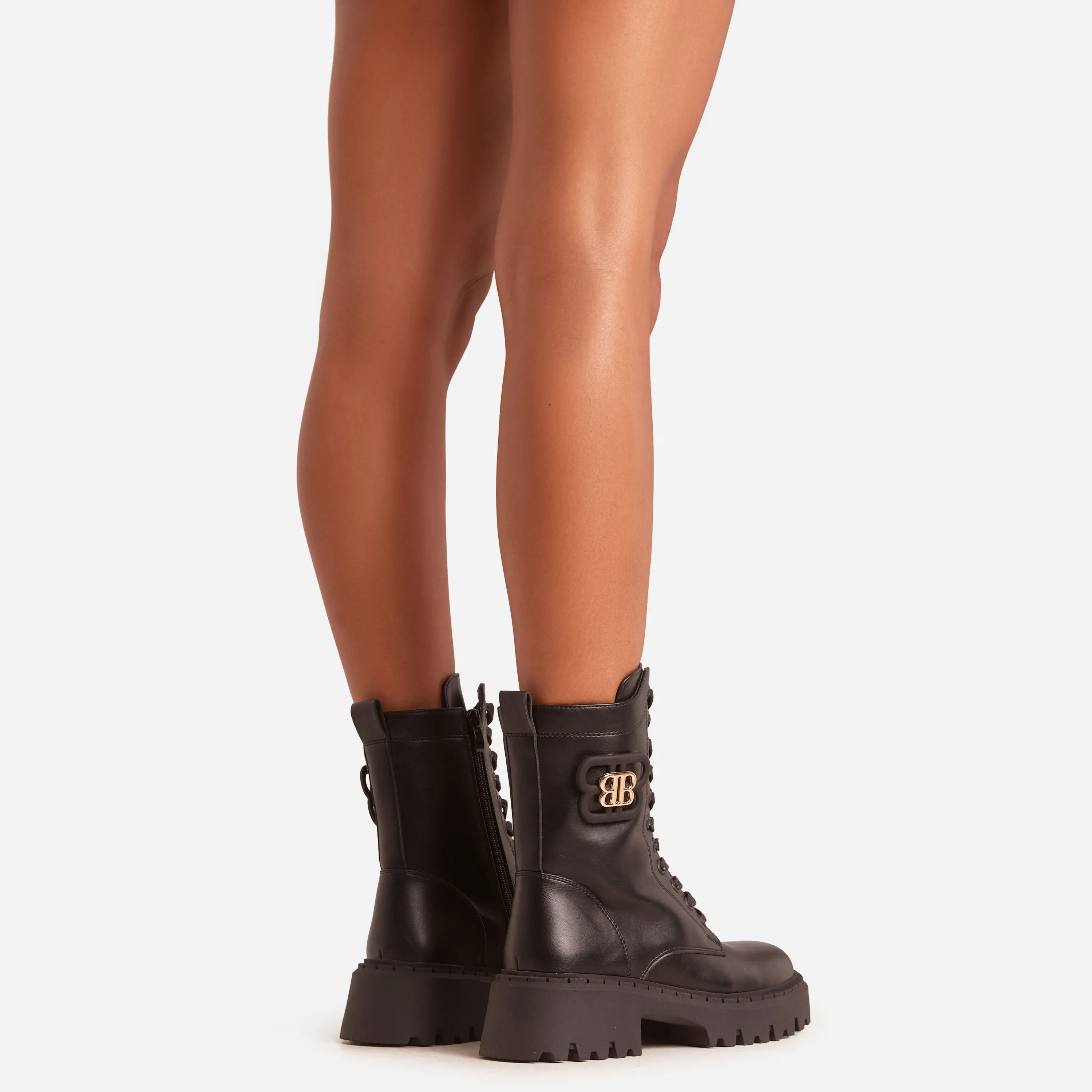 Mylo Logo Detail Lace Up Chunky Ankle Biker Boot In Black Faux Leather