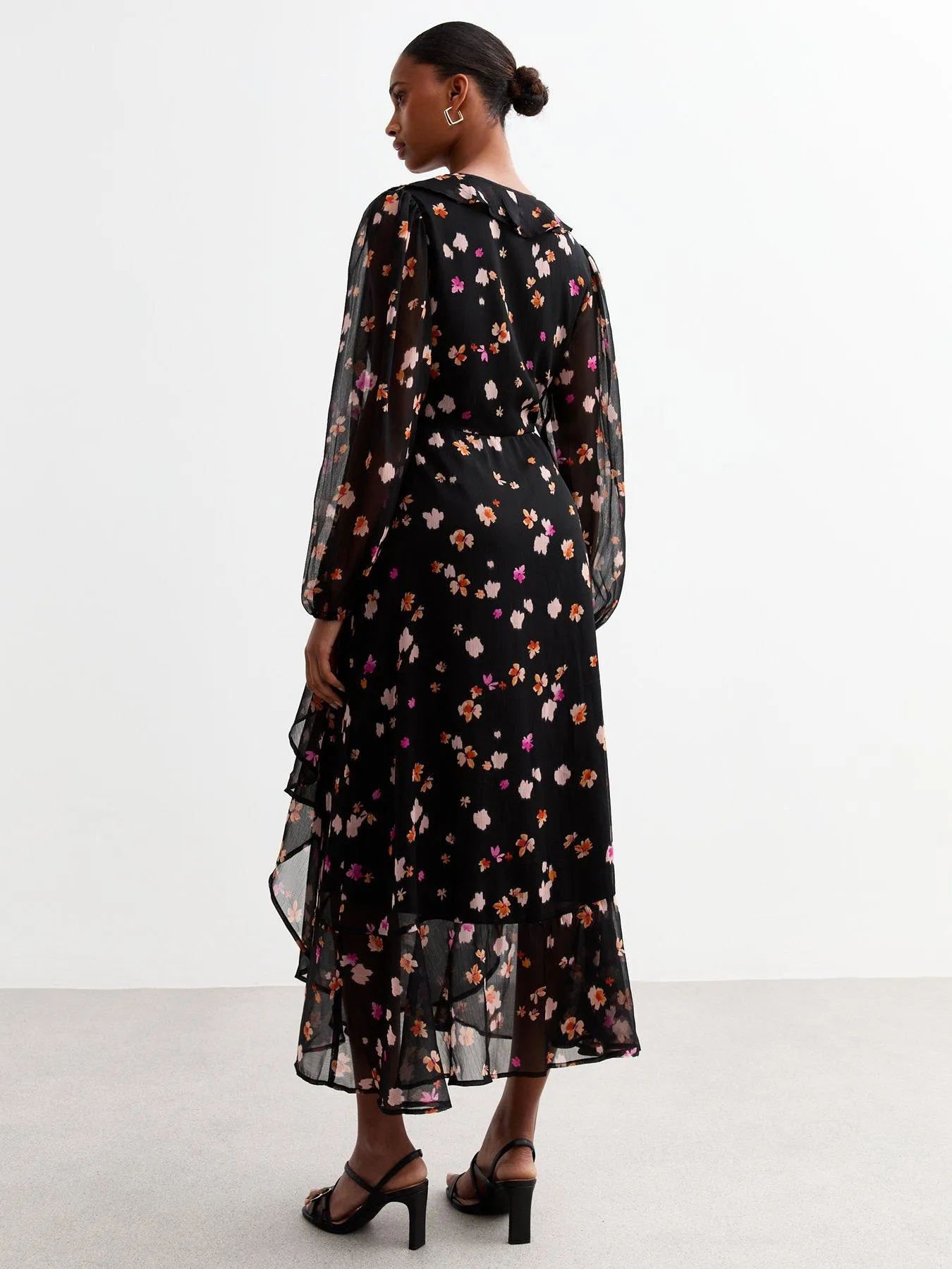 New Look Black Floral Wrap Chiffon Midi Dress