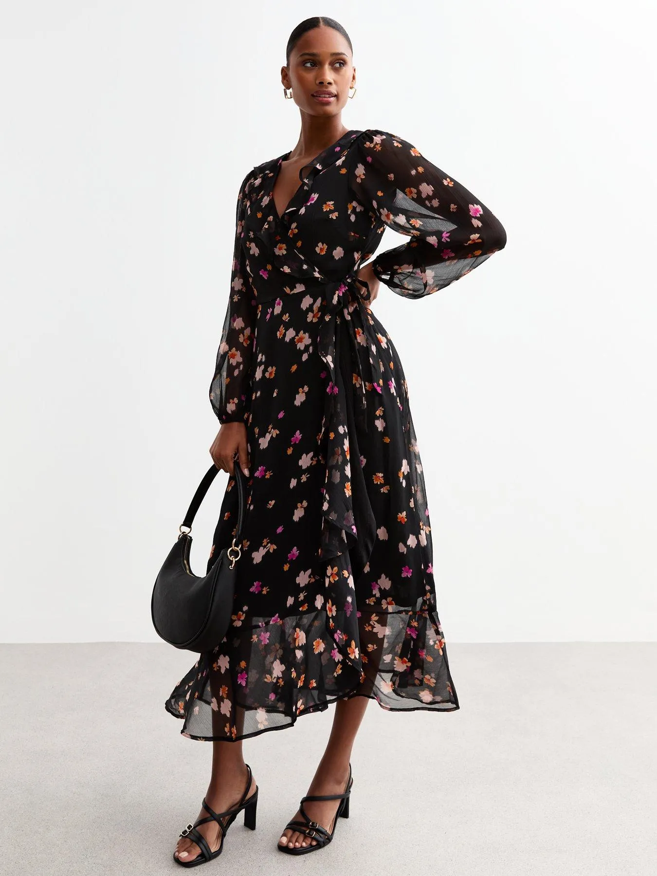 New Look Black Floral Wrap Chiffon Midi Dress