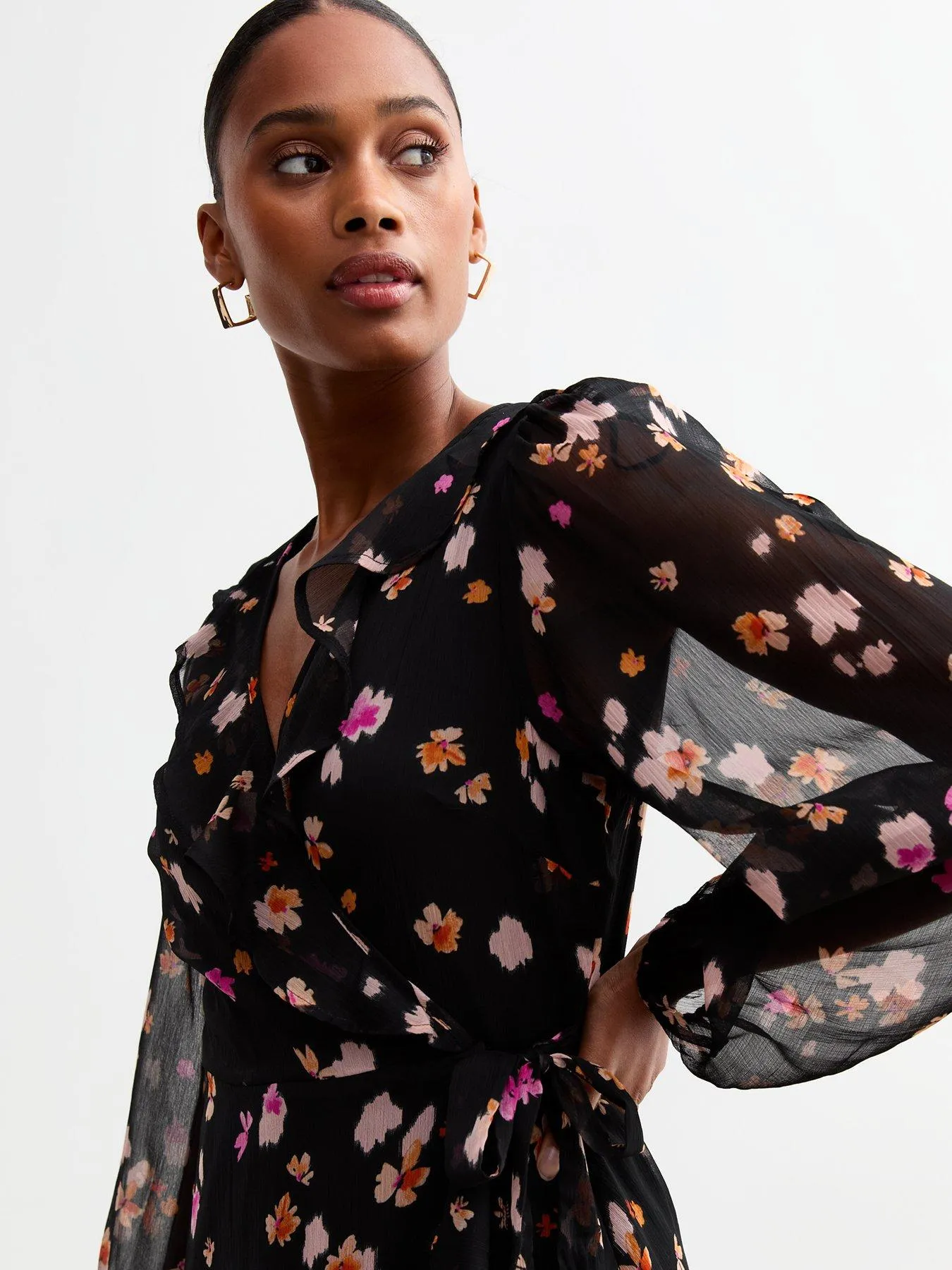 New Look Black Floral Wrap Chiffon Midi Dress