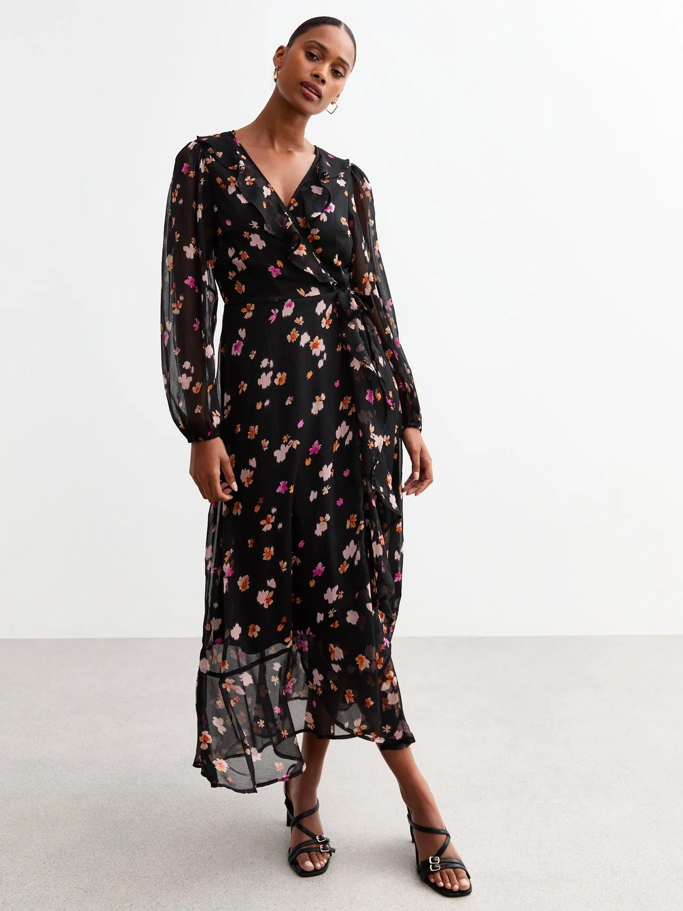 New Look Black Floral Wrap Chiffon Midi Dress