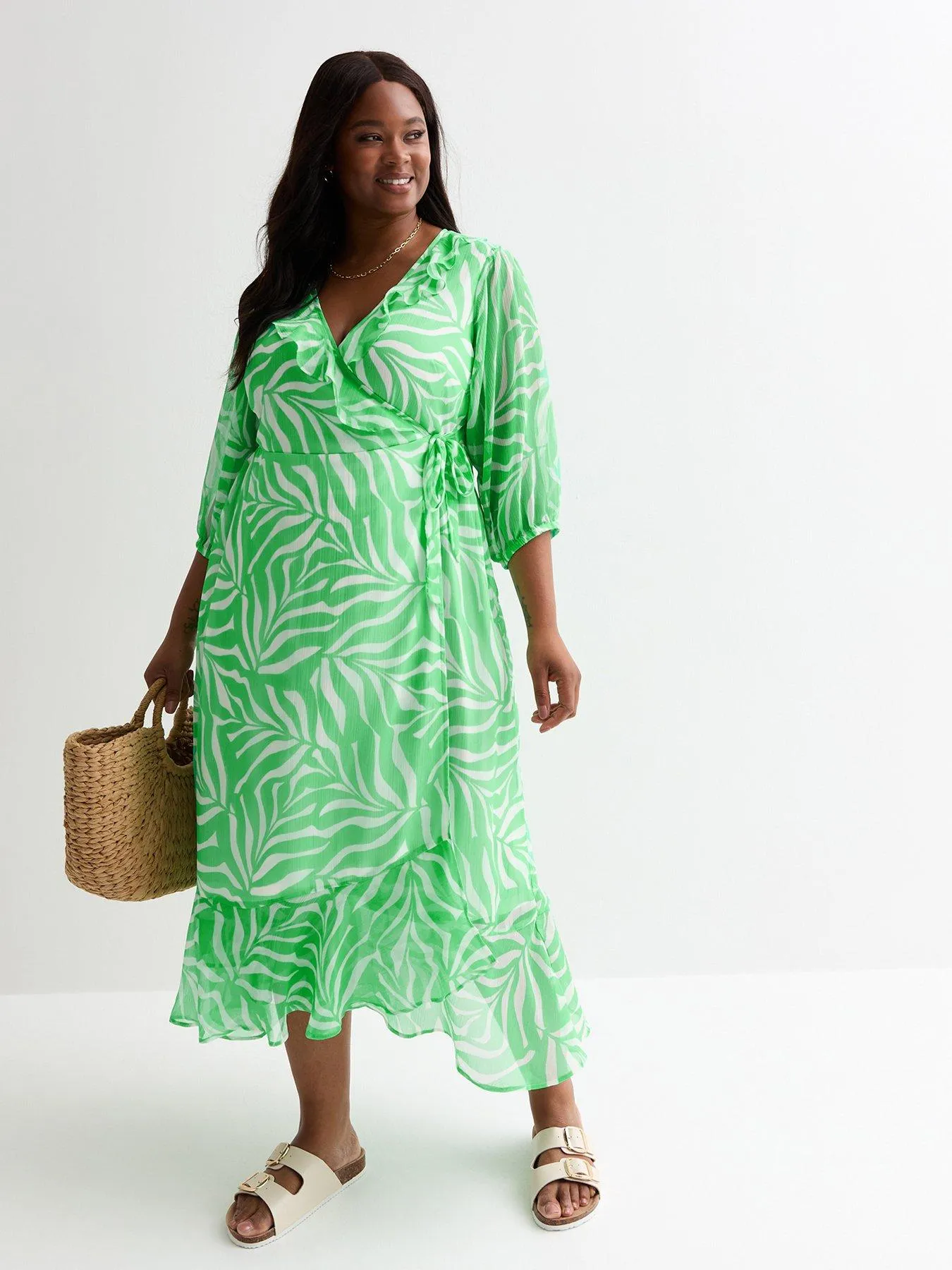 New Look Curves Green Leaf Print Frill Hem Wrap Midi Dress