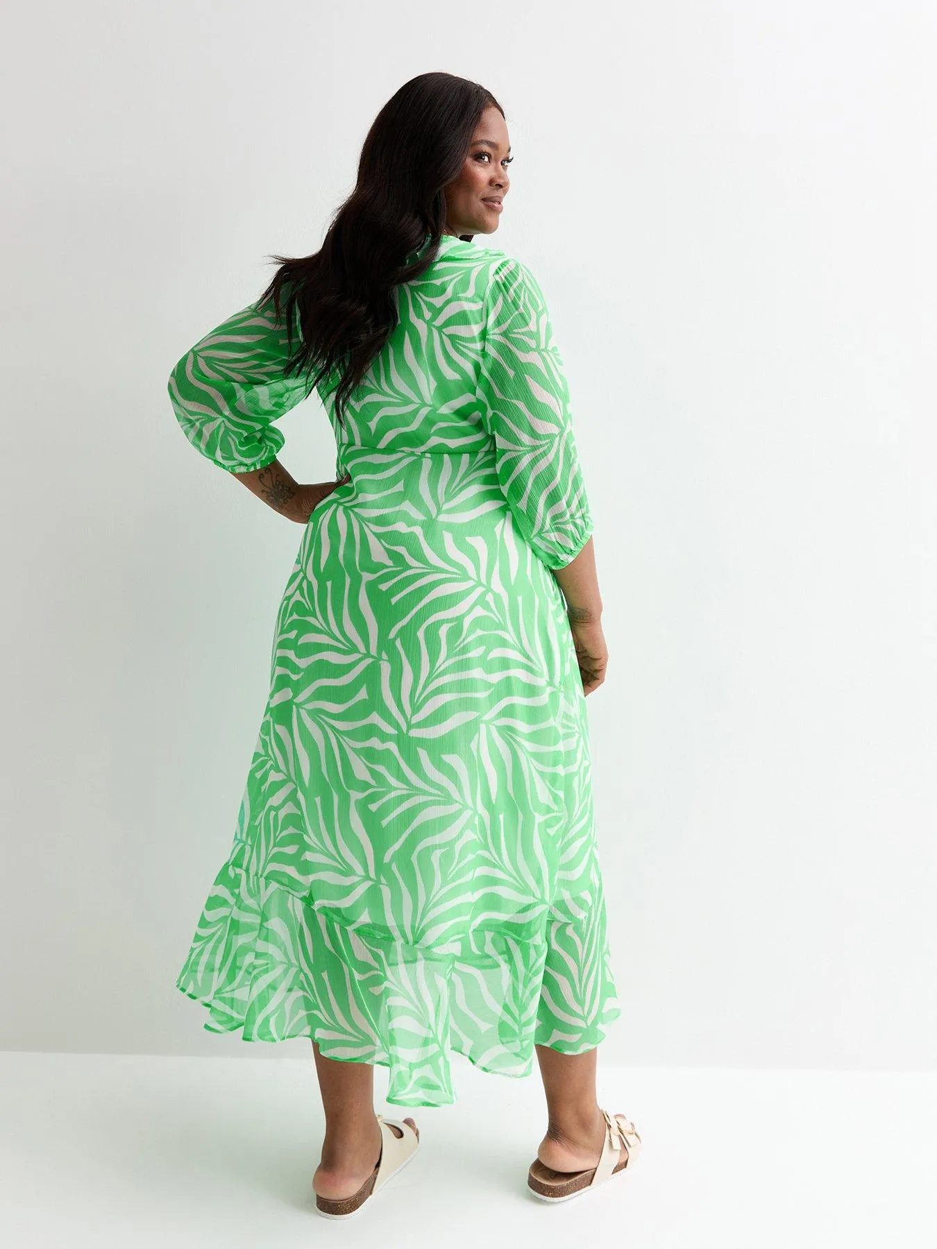 New Look Curves Green Leaf Print Frill Hem Wrap Midi Dress