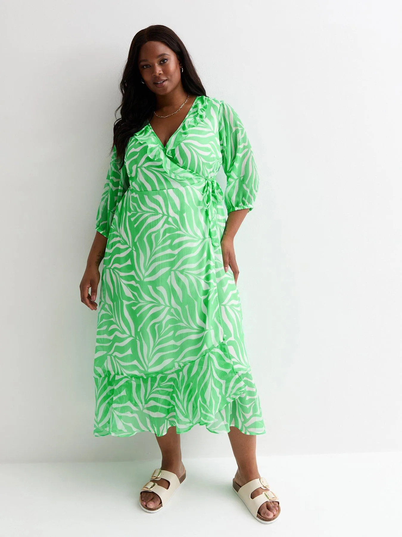 New Look Curves Green Leaf Print Frill Hem Wrap Midi Dress