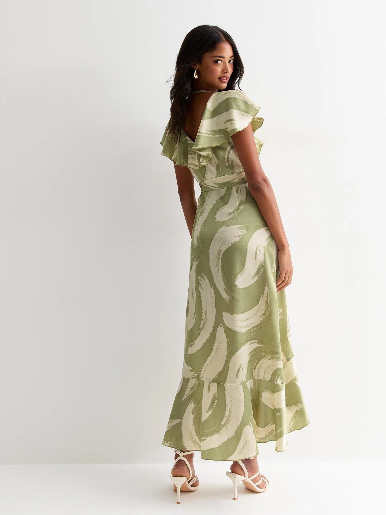 New Look Green Brush Stroke Ruffle Wrap Midi Dress