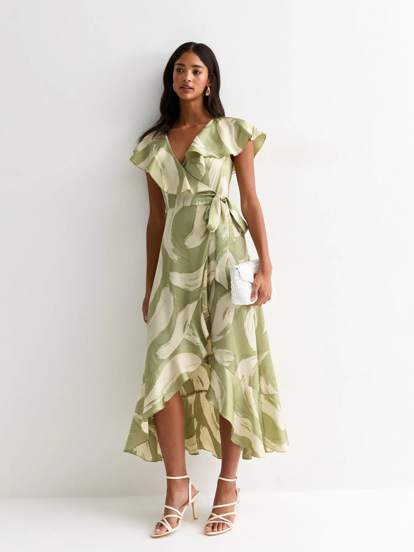 New Look Green Brush Stroke Ruffle Wrap Midi Dress