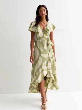 New Look Green Brush Stroke Ruffle Wrap Midi Dress