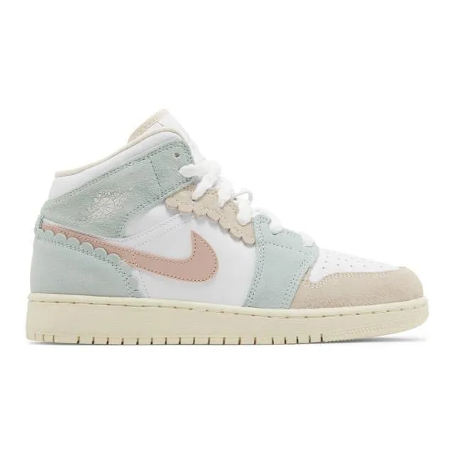 Nike air jordan 1 mid se gs (scalloped edge/ white/ pink oxford/ jade ice/ guava ice/ coconut milk)