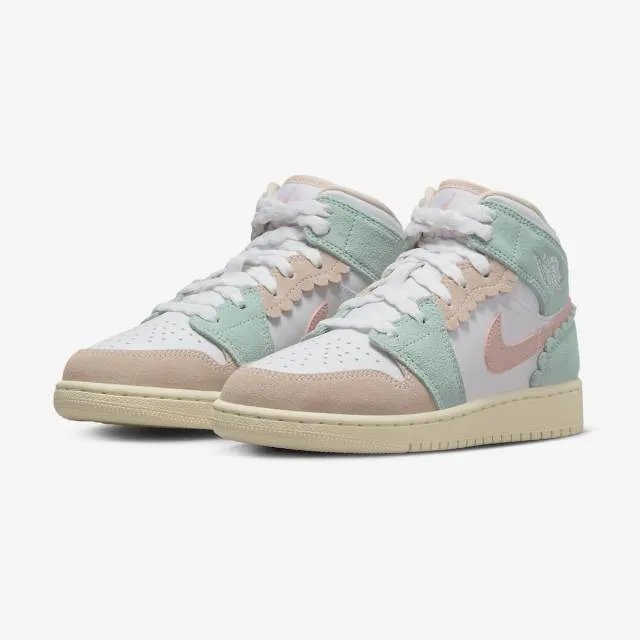 Nike air jordan 1 mid se gs (scalloped edge/ white/ pink oxford/ jade ice/ guava ice/ coconut milk)