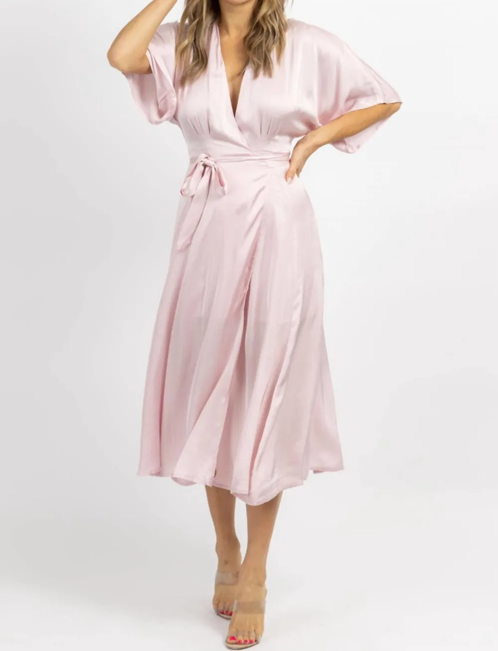 OLIVACEOUS - Satin Wrap Midi Dress