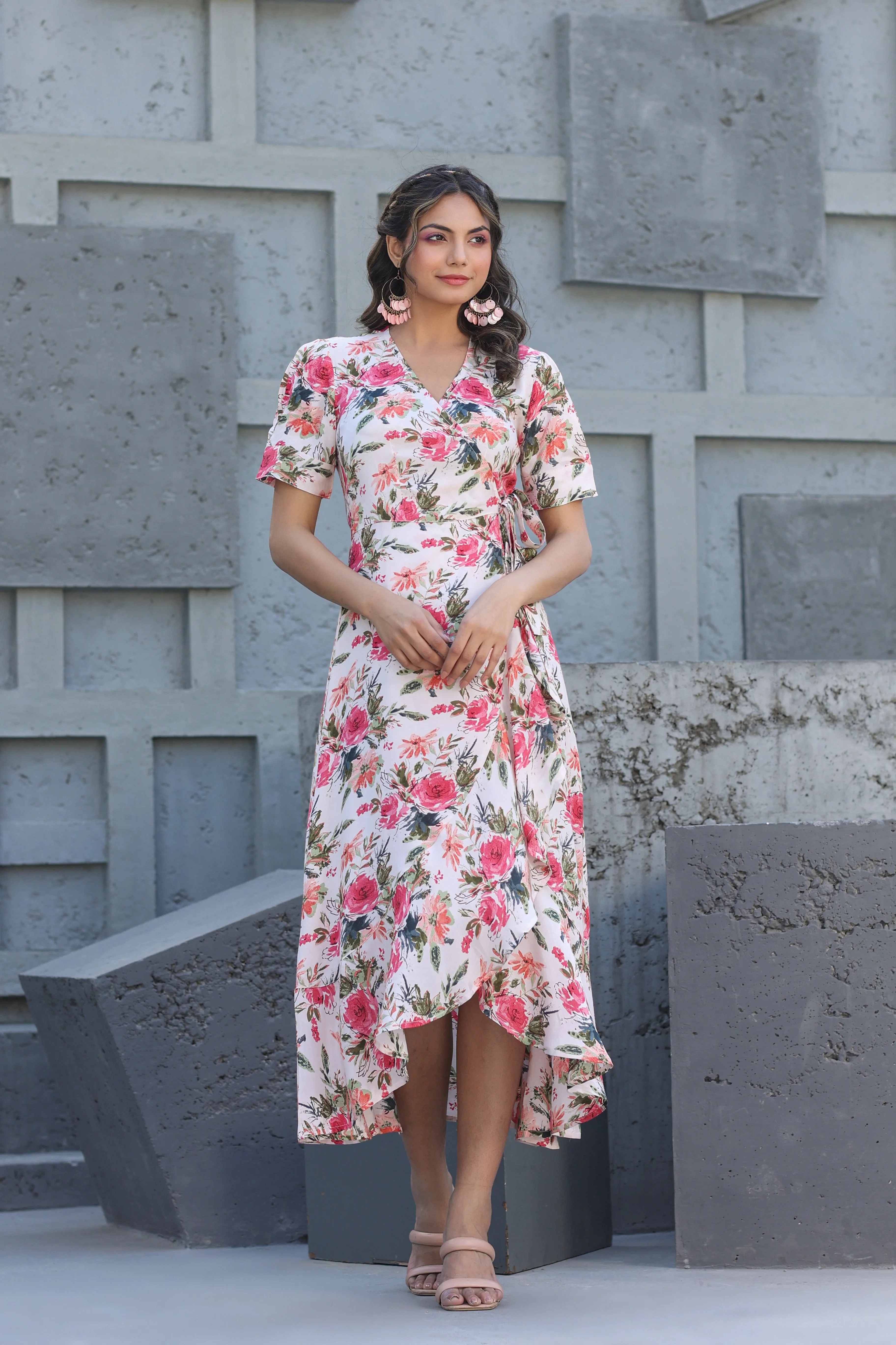 Paint Soiree on Pink Wrap Around Midi Dress