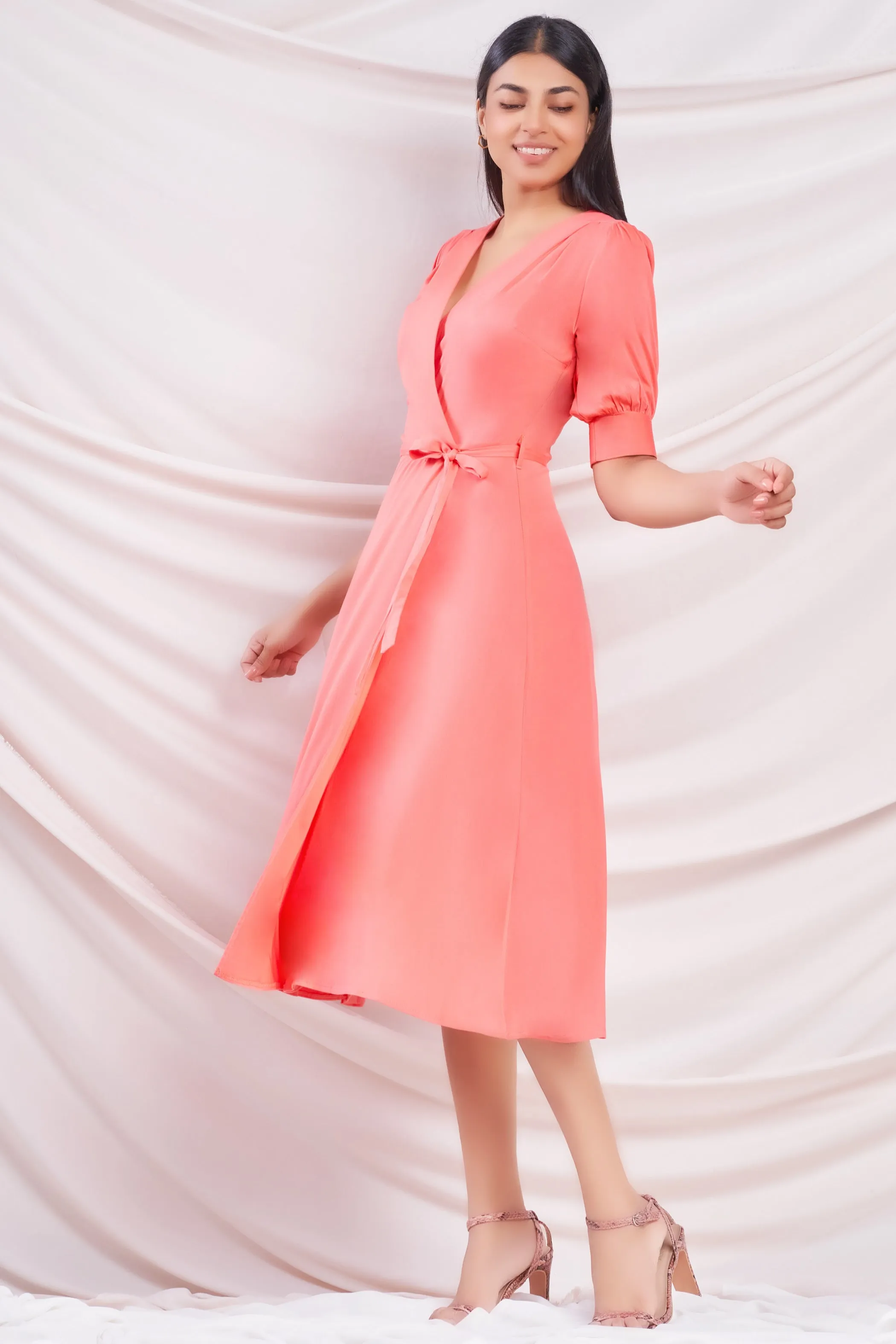 Peach Midi Wrap Dress