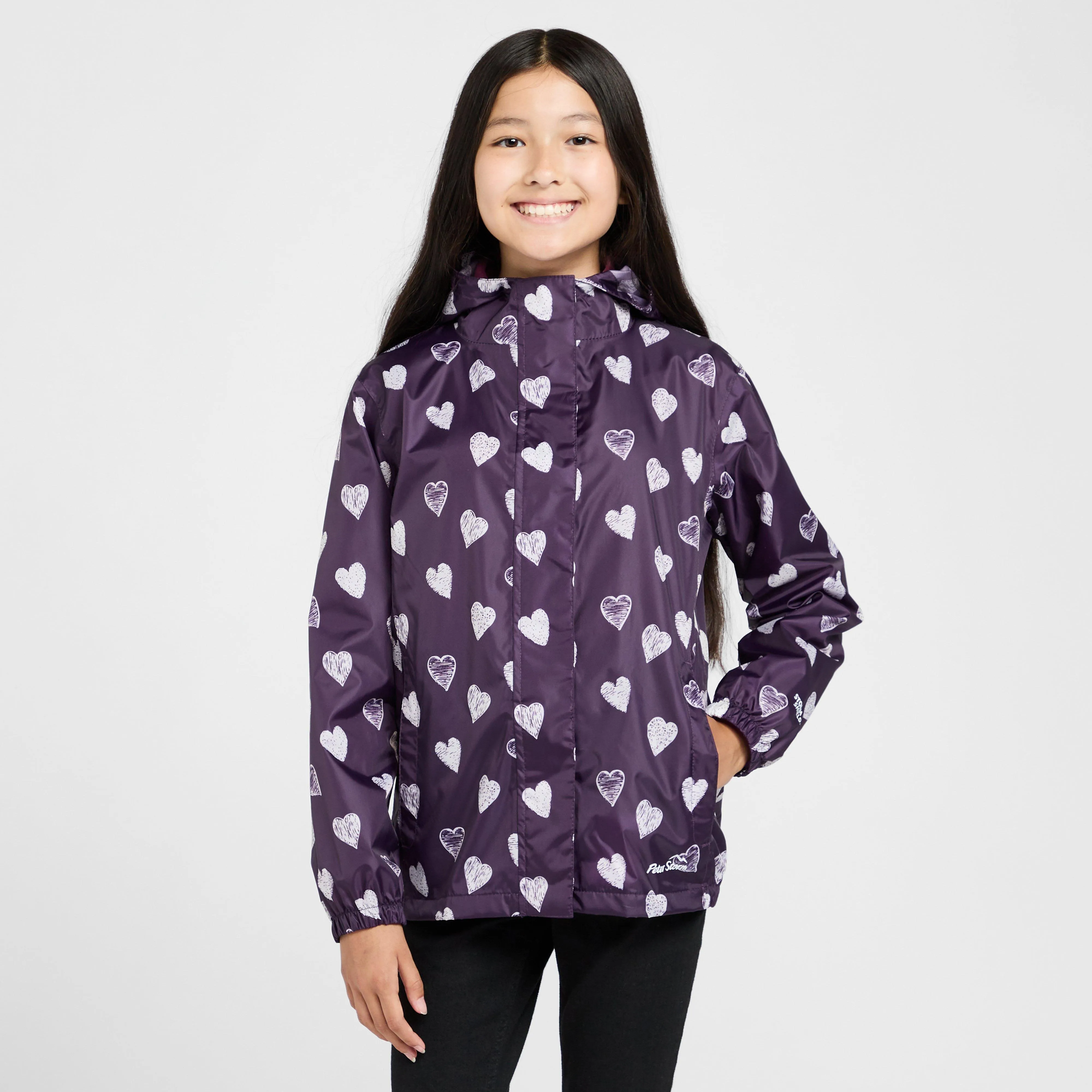 Peter Storm Kids Packable Waterproof Jacket Purple/White Love Hearts | Millets