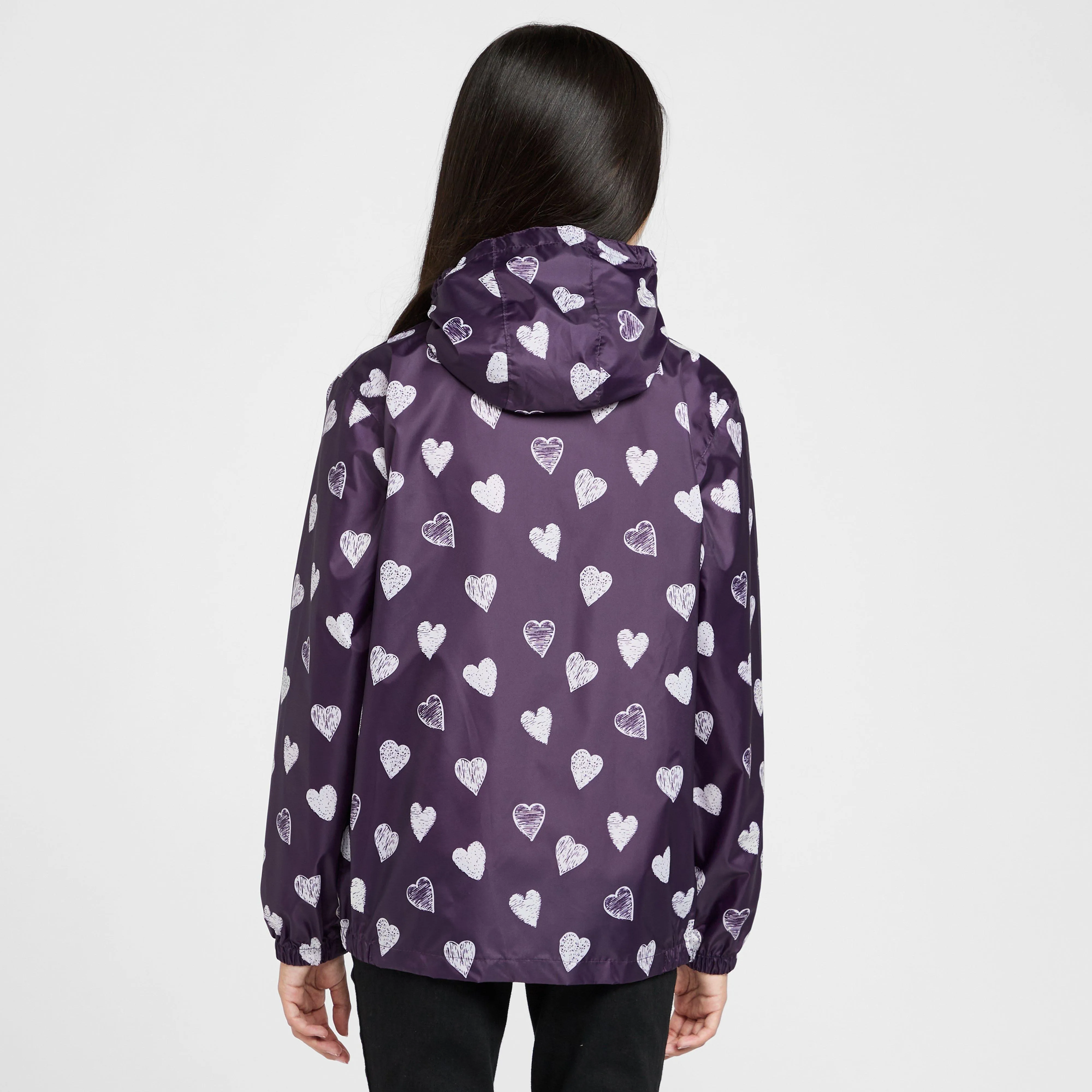 Peter Storm Kids Packable Waterproof Jacket Purple/White Love Hearts | Millets