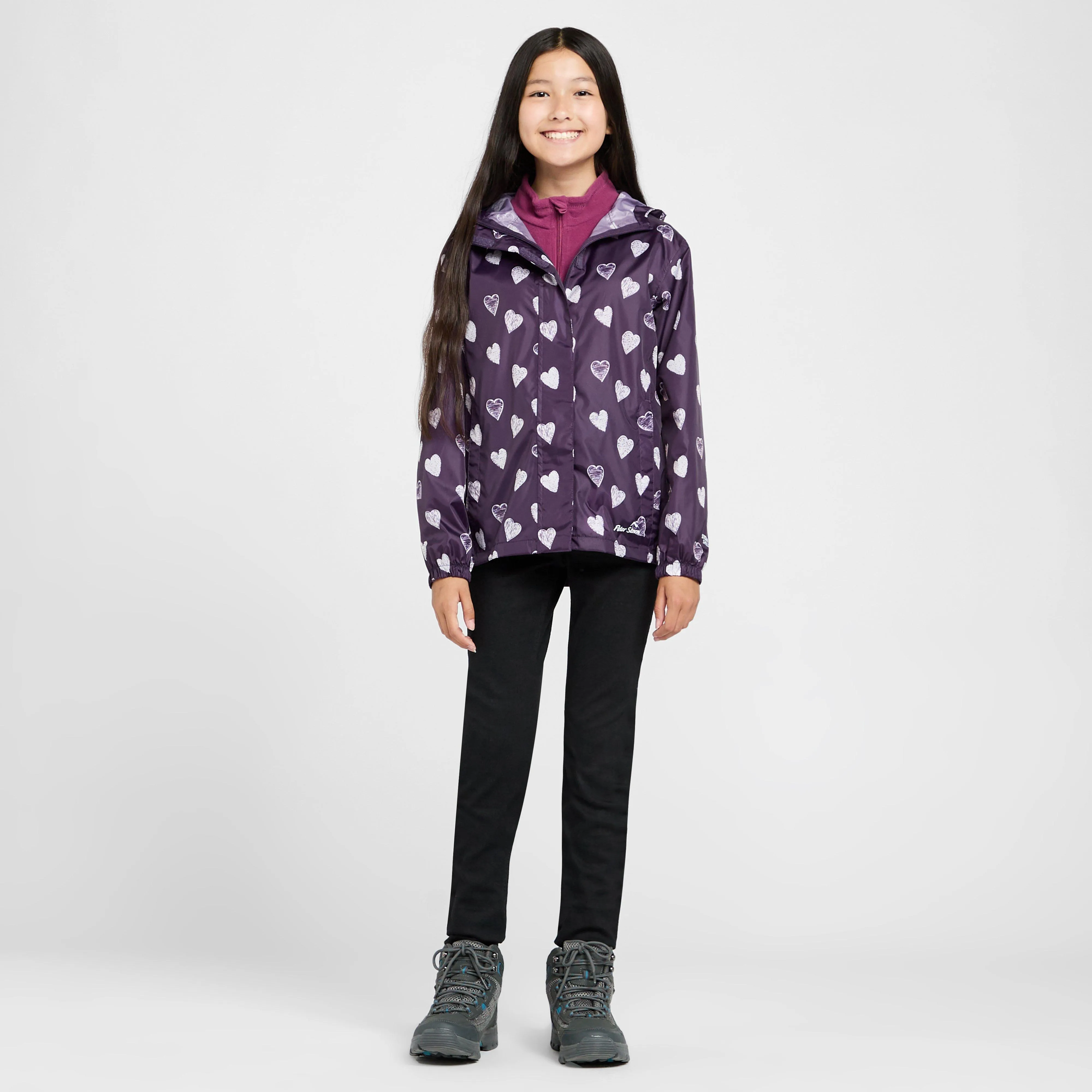 Peter Storm Kids Packable Waterproof Jacket Purple/White Love Hearts | Millets