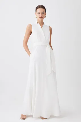 Petite Linen Wrap Tie Waisted Midi Dress | Karen Millen