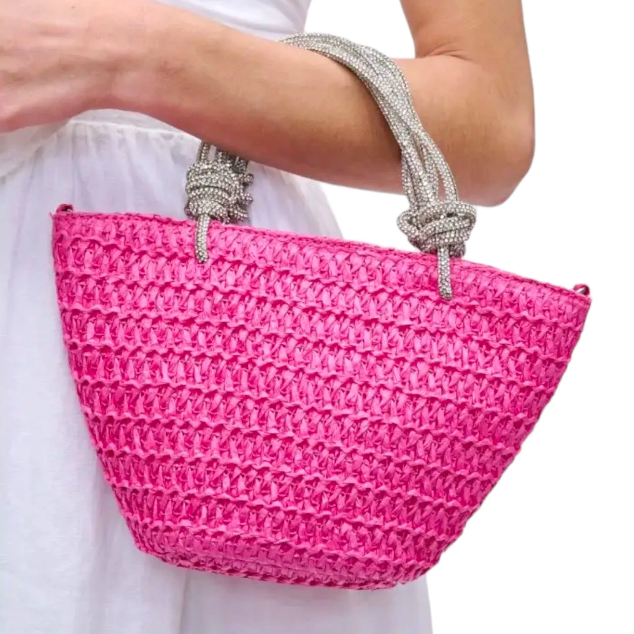 Pink Straw Mini Tote with Crystal Handles