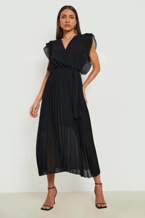 Pleated Belted Wrap Front Midi Dress