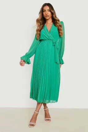 Pleated Chiffon Wrap Midi Dress