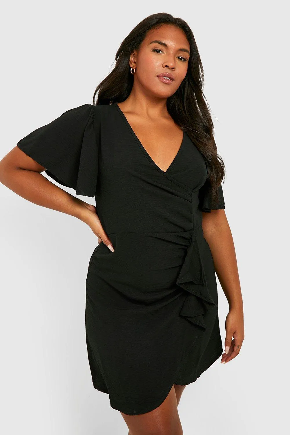 Plus Angel Sleeve Ruched Frill Wrap Dress