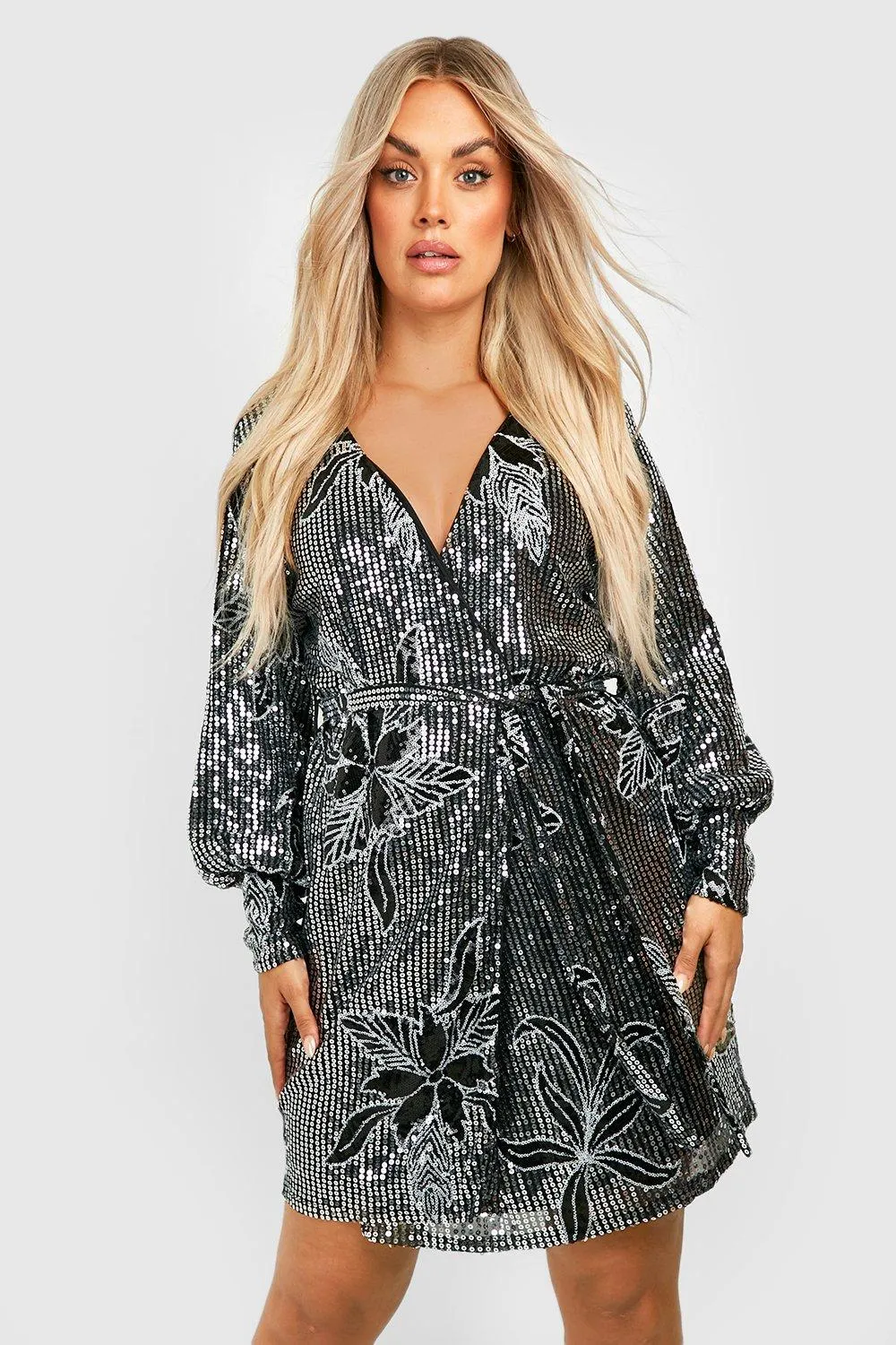 Plus Floral Sequin Tie Wrap Mini Dress