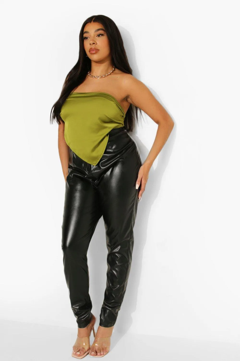 Plus Leather Pu Slim Straight Leg Pants