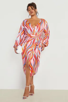 Plus Printed Slinky Stripe Wrap Midi Dress