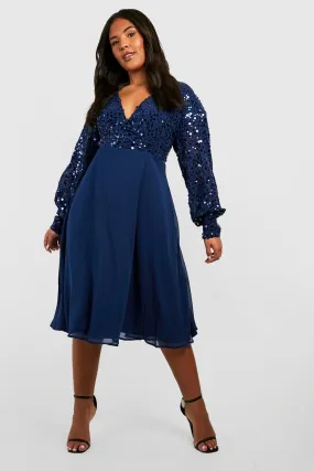 Plus Sequin Wrap Midi Skater Dress