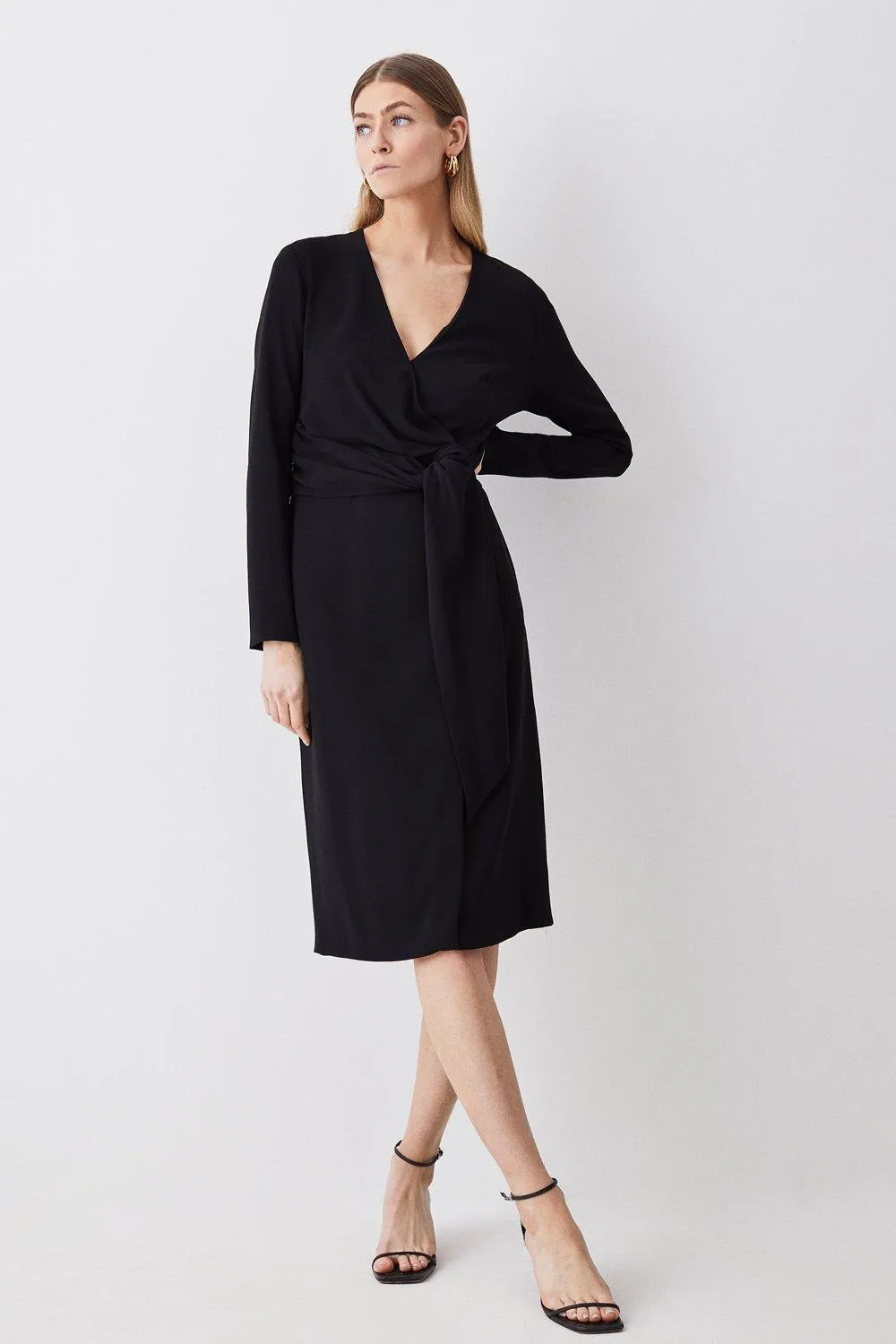 Premium Lightweight Fluid Crepe Drape Wrap Midi Dress | Karen Millen