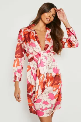 Printed Satin Wrap Front Shirt Dress