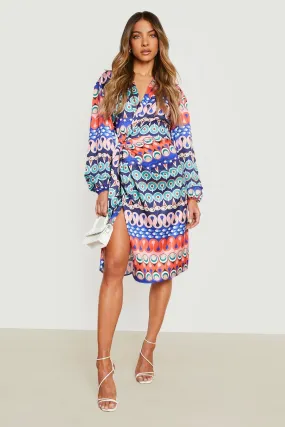 Printed Satin Wrap Midi Dress