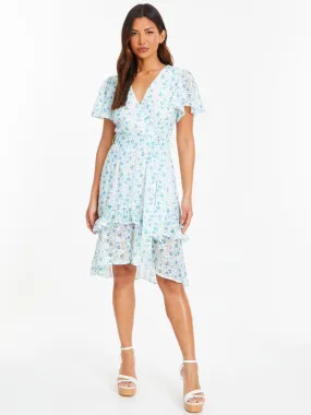 Quiz Blue Ditsy Print Chiffon Wrap Mini Dress