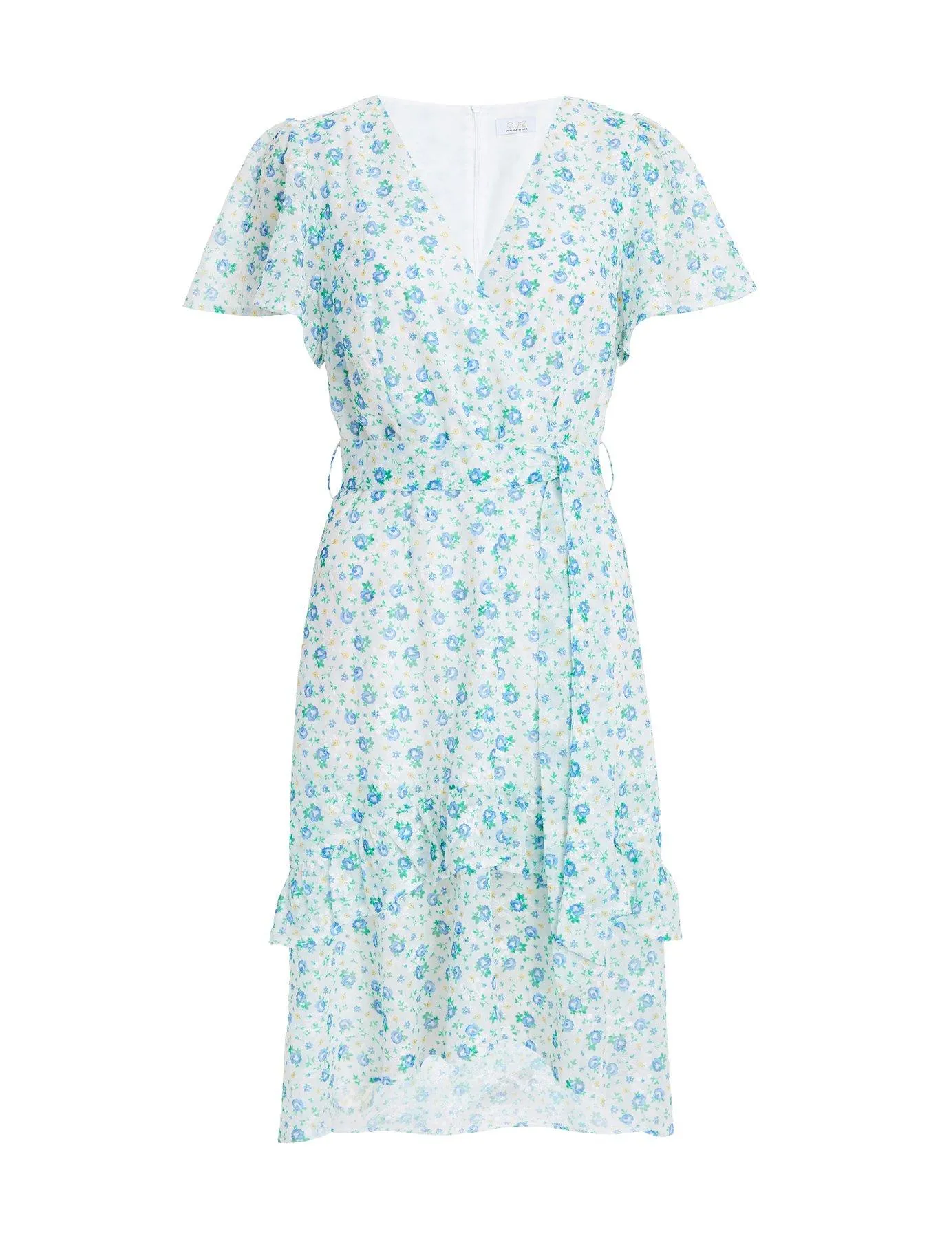 Quiz Blue Ditsy Print Chiffon Wrap Mini Dress