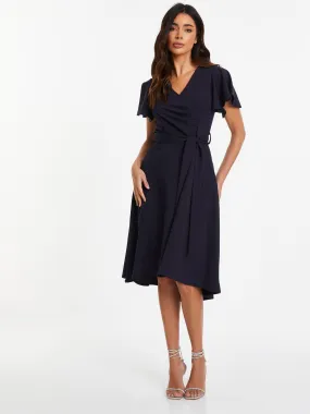 Quiz Navy Frill Sleeve Wrap Midi Dress