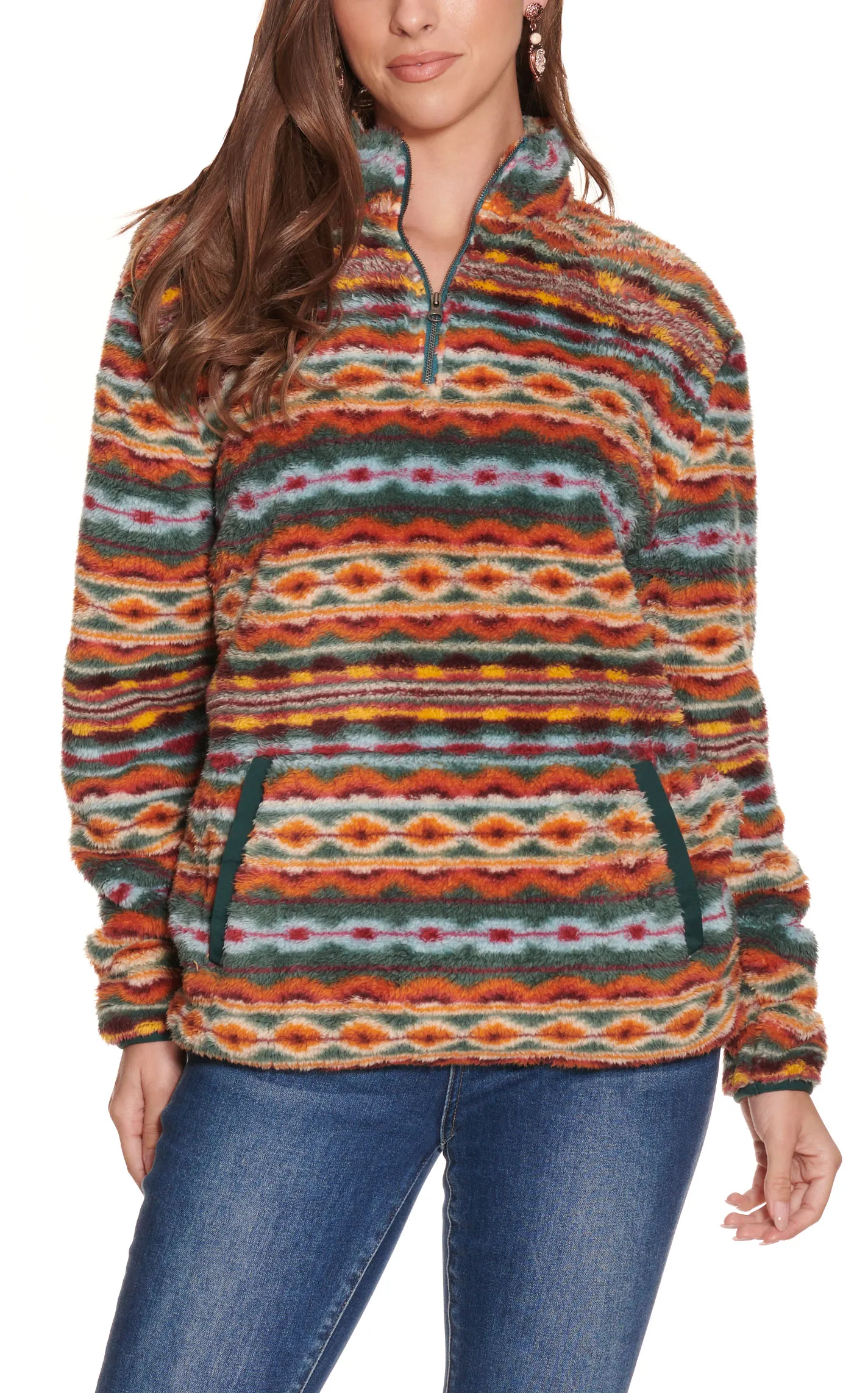 Rockin C Women's Dark Teal Orange Burgundy Print 1/4 Zip Long Sleeve Fleece Pullover