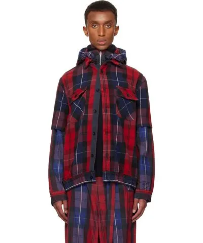 Sacai SSENSE Exclusive Red Plaid Hoodie