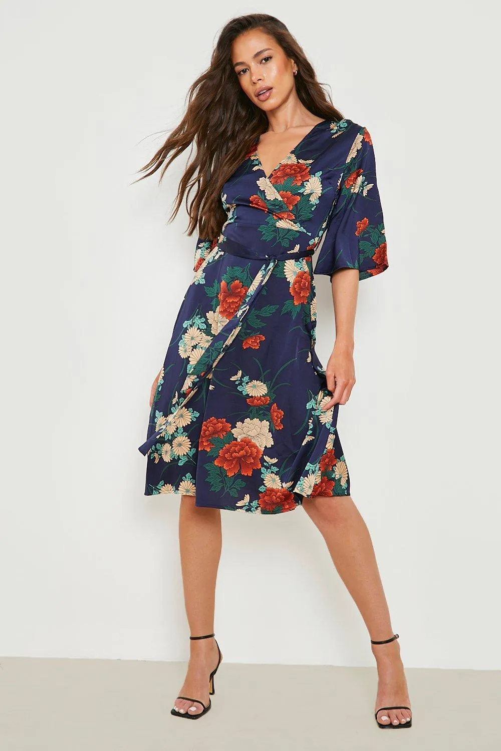 Satin Floral Satin Wrap Midi Dress