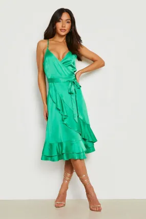 Satin Frill Skirt Wrap Midi Dress