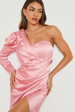 Satin Puff Sleeve Wrap Maxi Dress