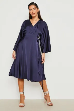 Satin Wrap Midi Skater Dress