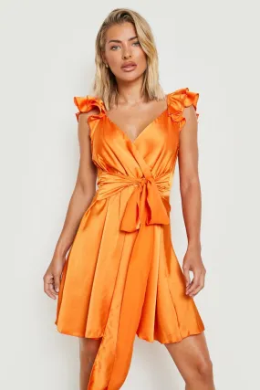 Satin Wrap Ruffle Skater Dress