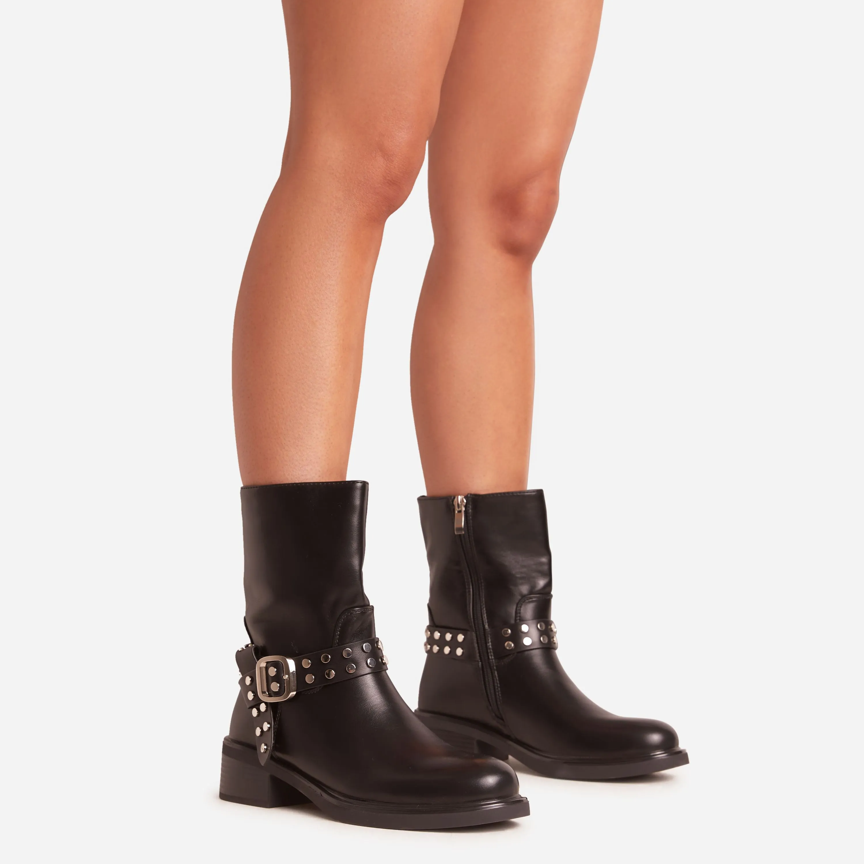 Scott Studded Buckle Detail Ankle Biker Boot In Black Faux Leather