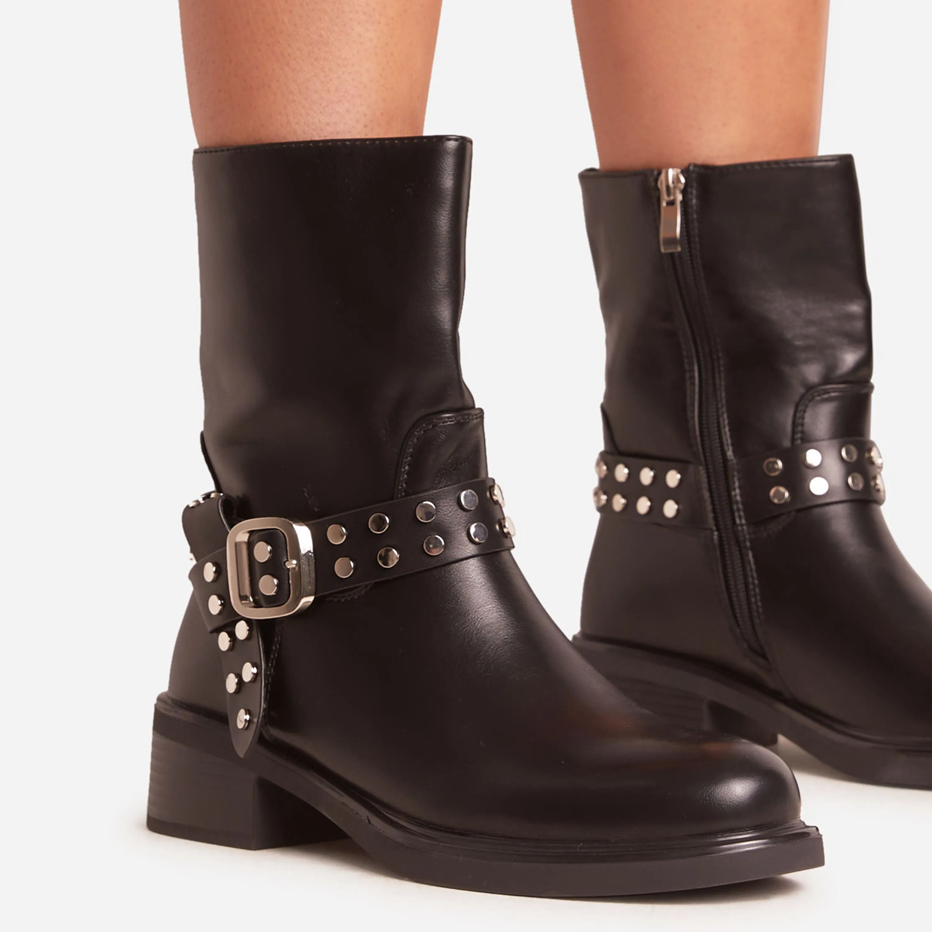 Scott Studded Buckle Detail Ankle Biker Boot In Black Faux Leather