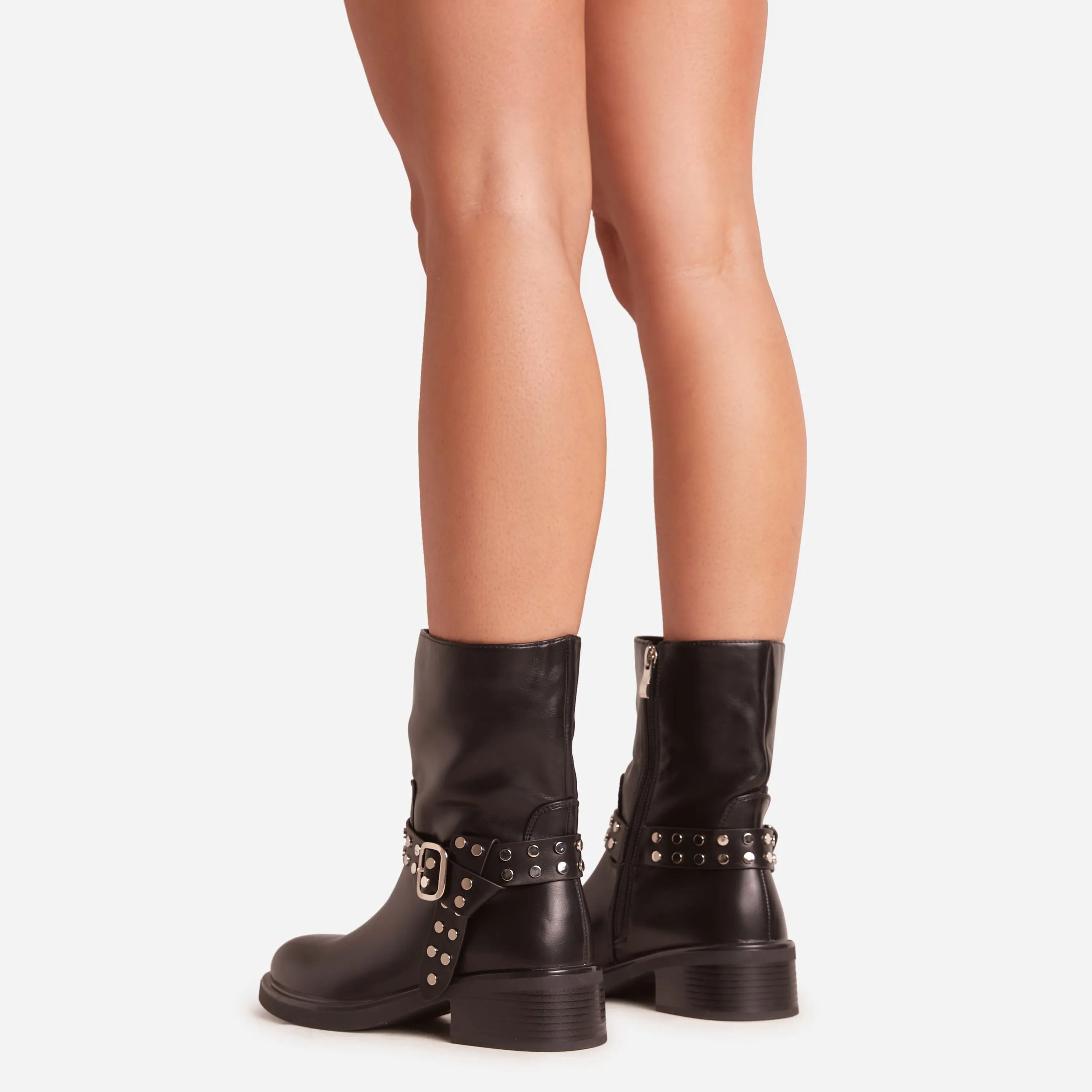 Scott Studded Buckle Detail Ankle Biker Boot In Black Faux Leather