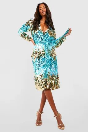 Sequin Ombre Wrap Midi Party Dress