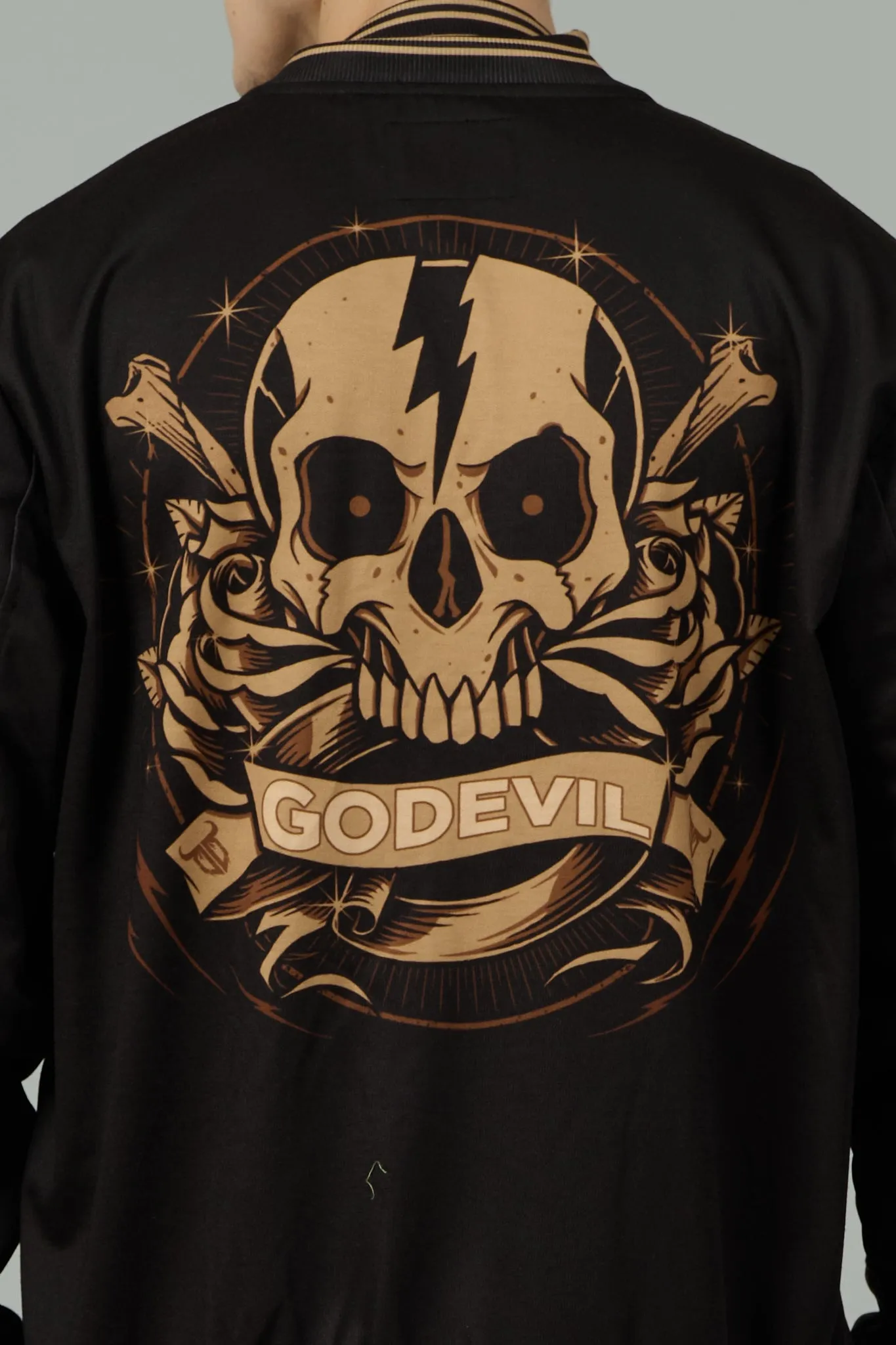 Skull (in Golden) Printed Black Varsity Jacket for Men