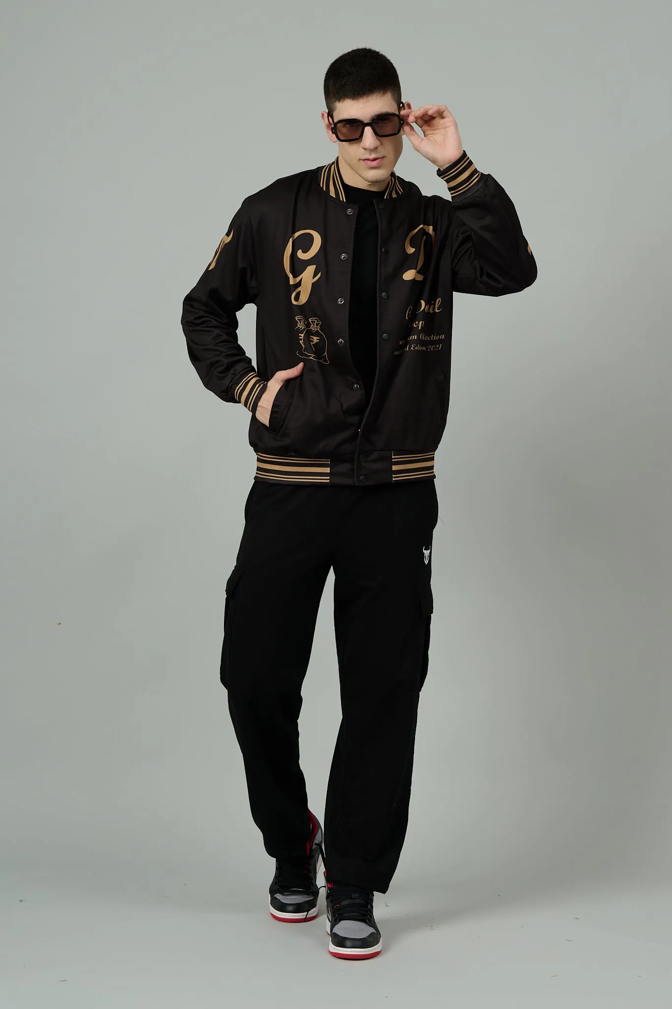 Skull (in Golden) Printed Black Varsity Jacket for Men