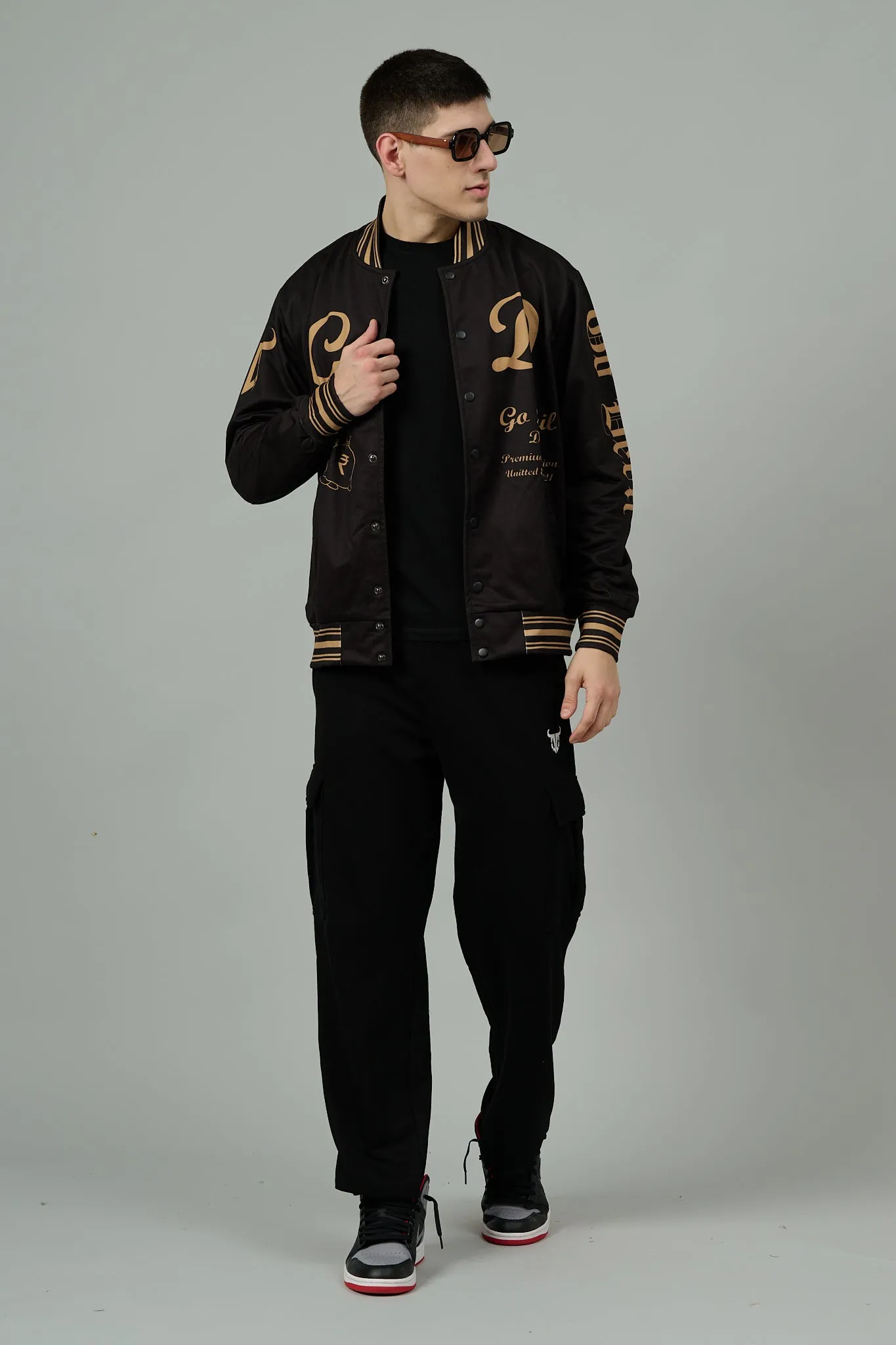 Skull (in Golden) Printed Black Varsity Jacket for Men