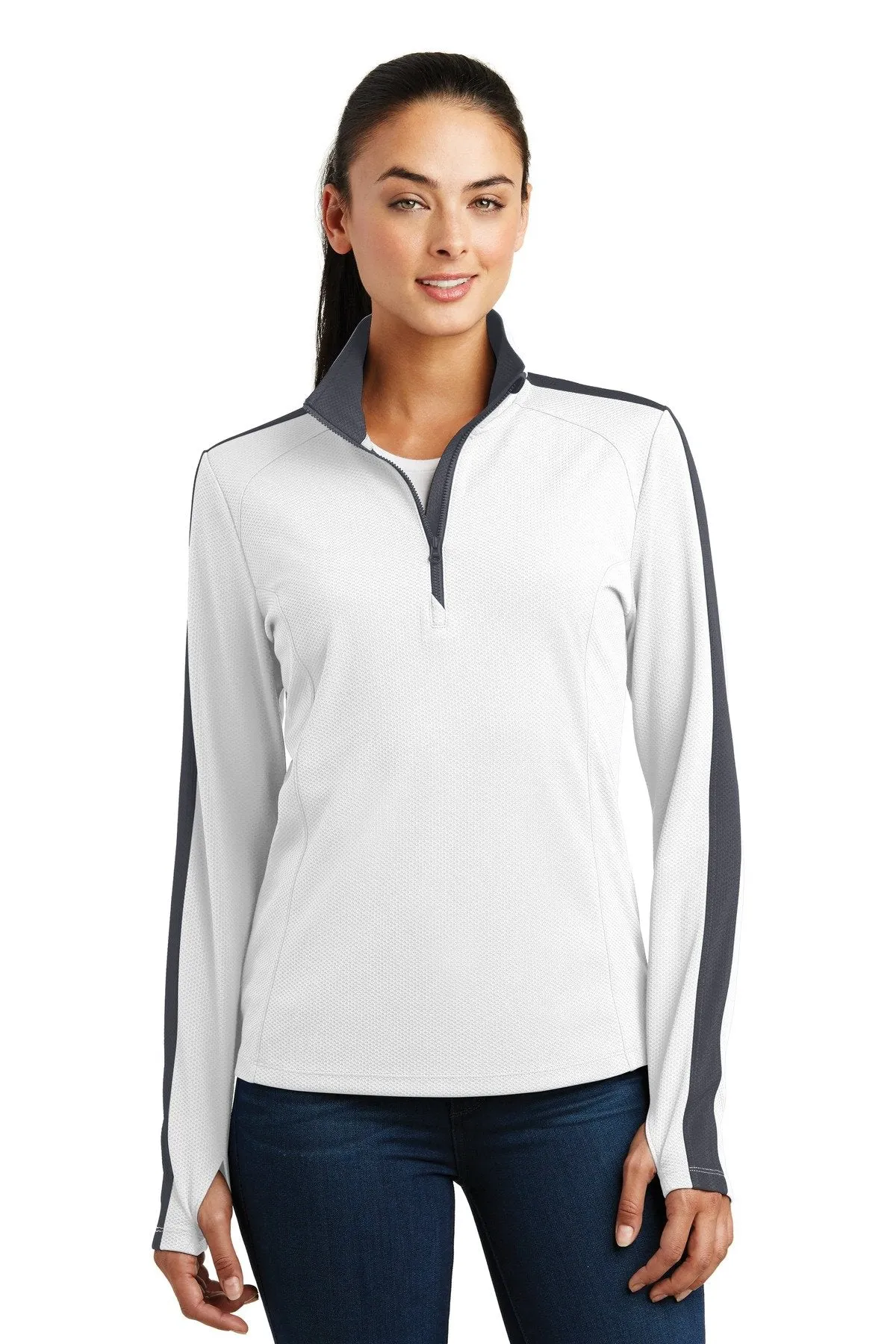 Sport-Tek Ladies Sport-Wick Textured Colorblock 1/4-Zip Pullover LST861 White/ Iron Grey