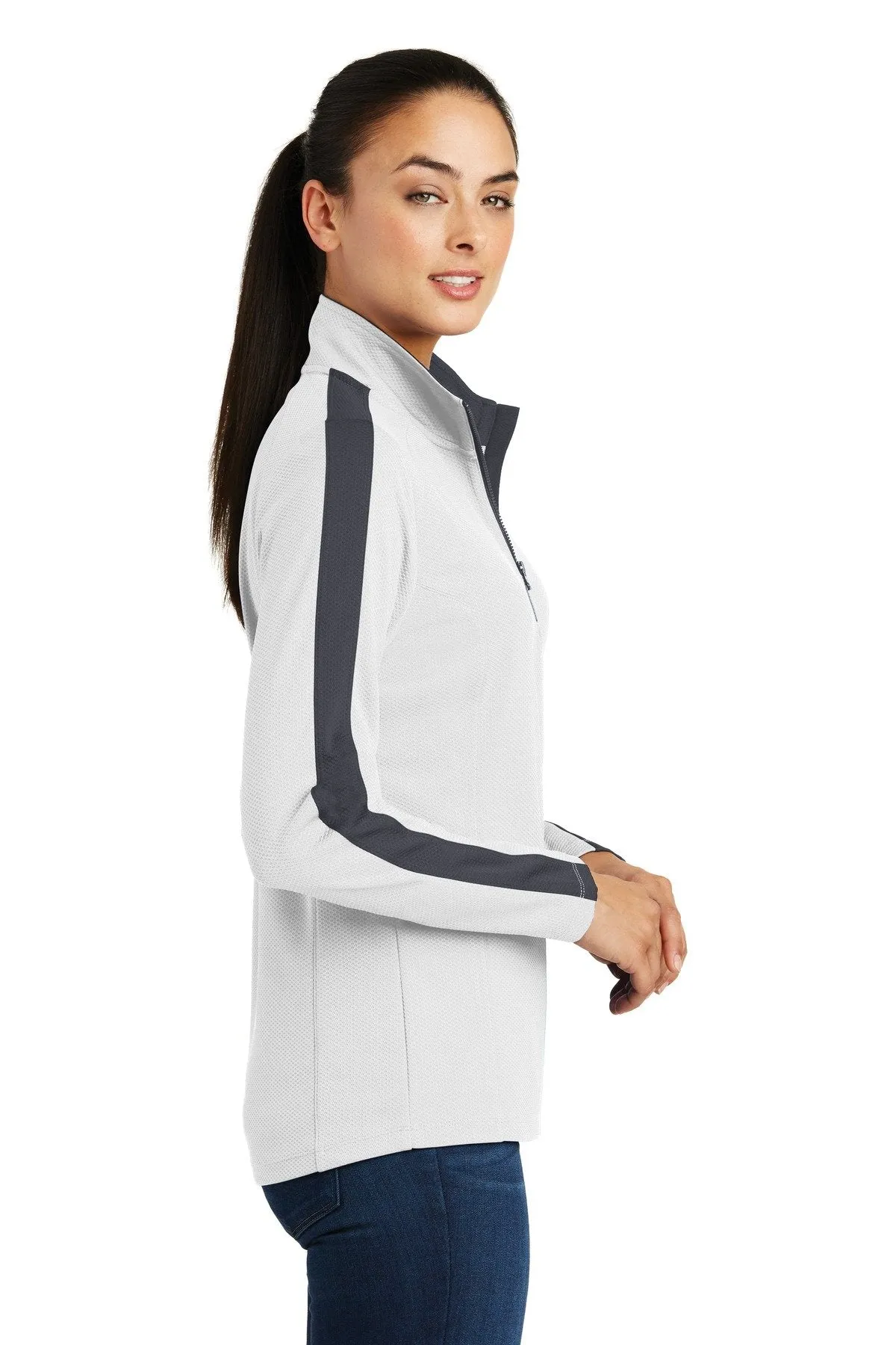 Sport-Tek Ladies Sport-Wick Textured Colorblock 1/4-Zip Pullover LST861 White/ Iron Grey